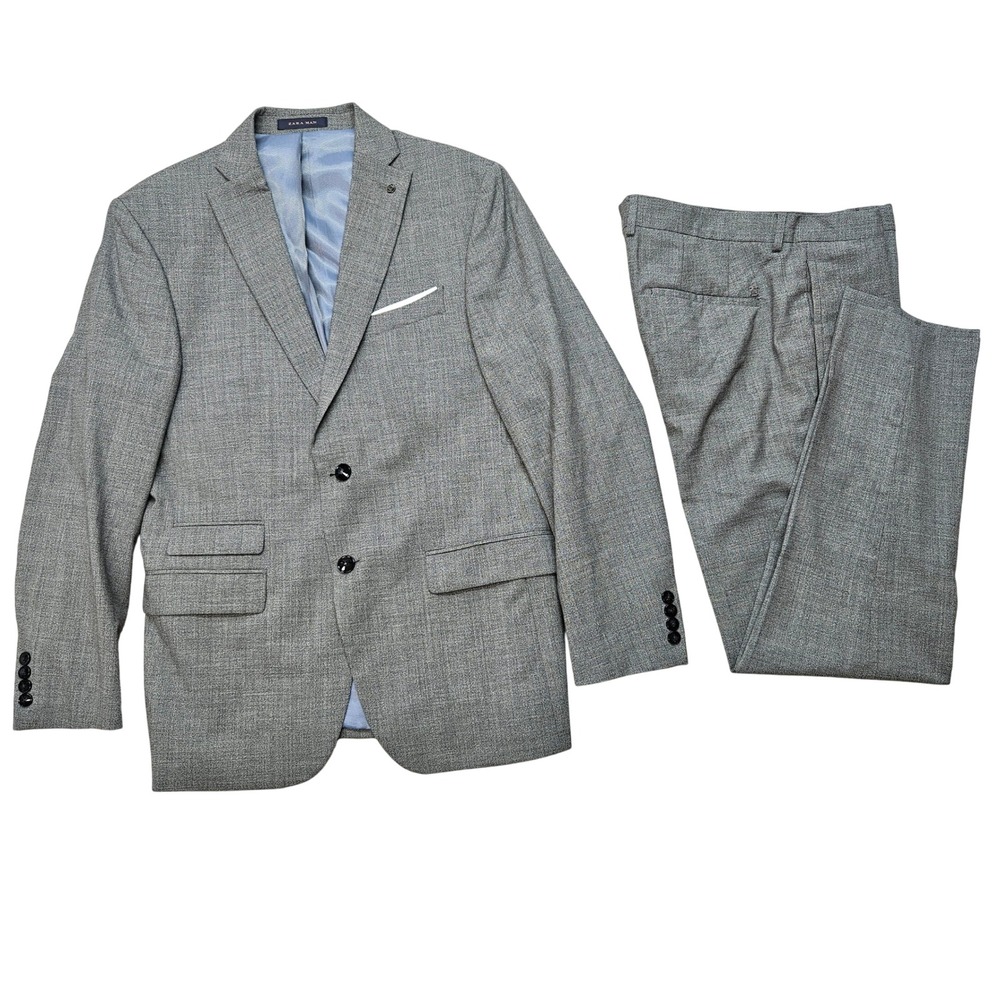 Zara Man Grey 100% Wool Two Piece Suit 42R Textured 2 Button Tailored Turkey